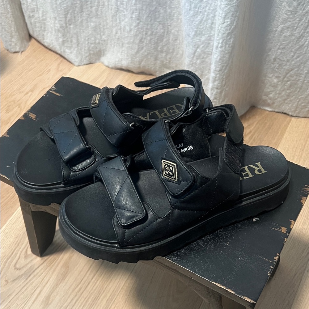 Replay WomensBlack Quilted Leather Strap Sandals